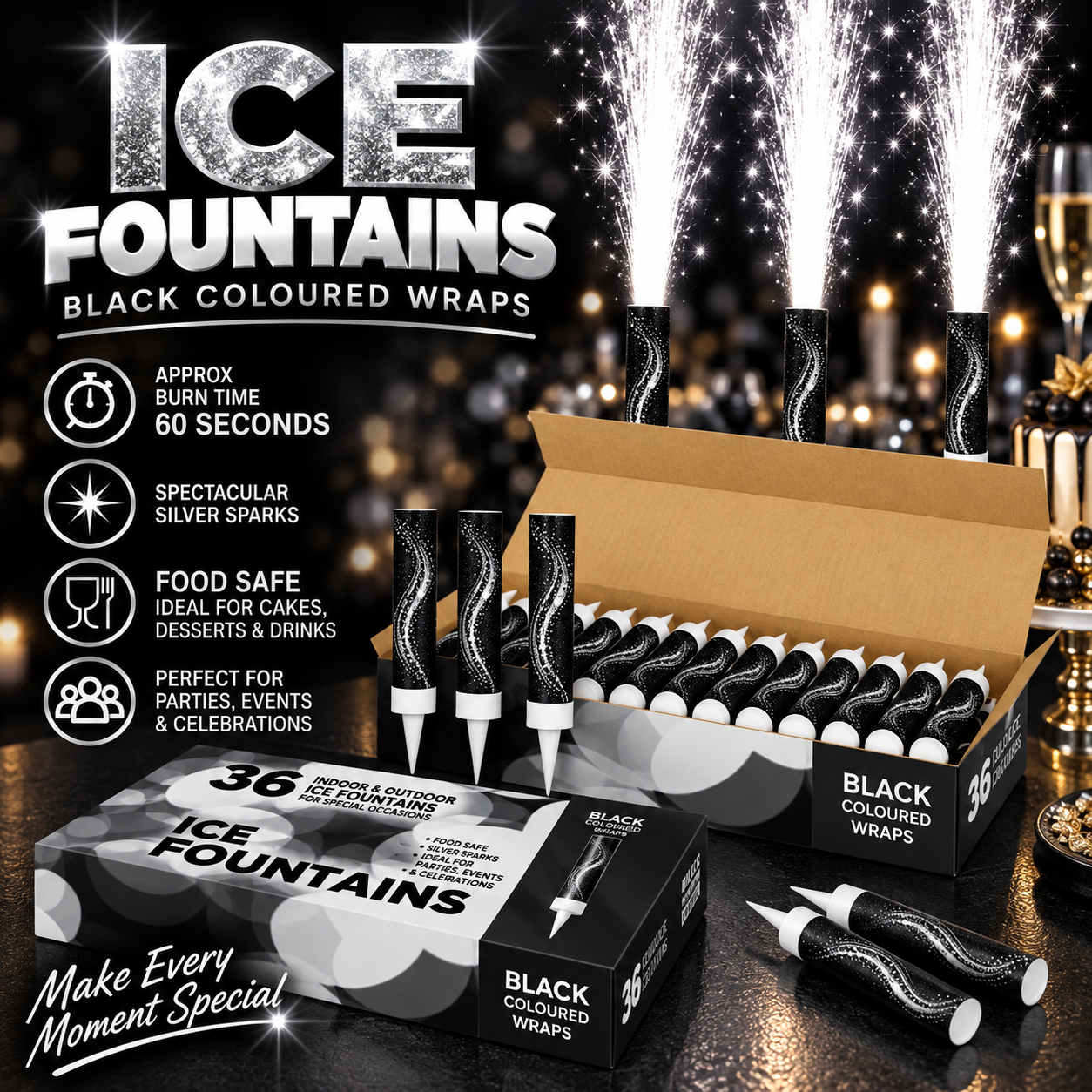36 Black Wrapped (15 cm) Ice Fountain Sparklers