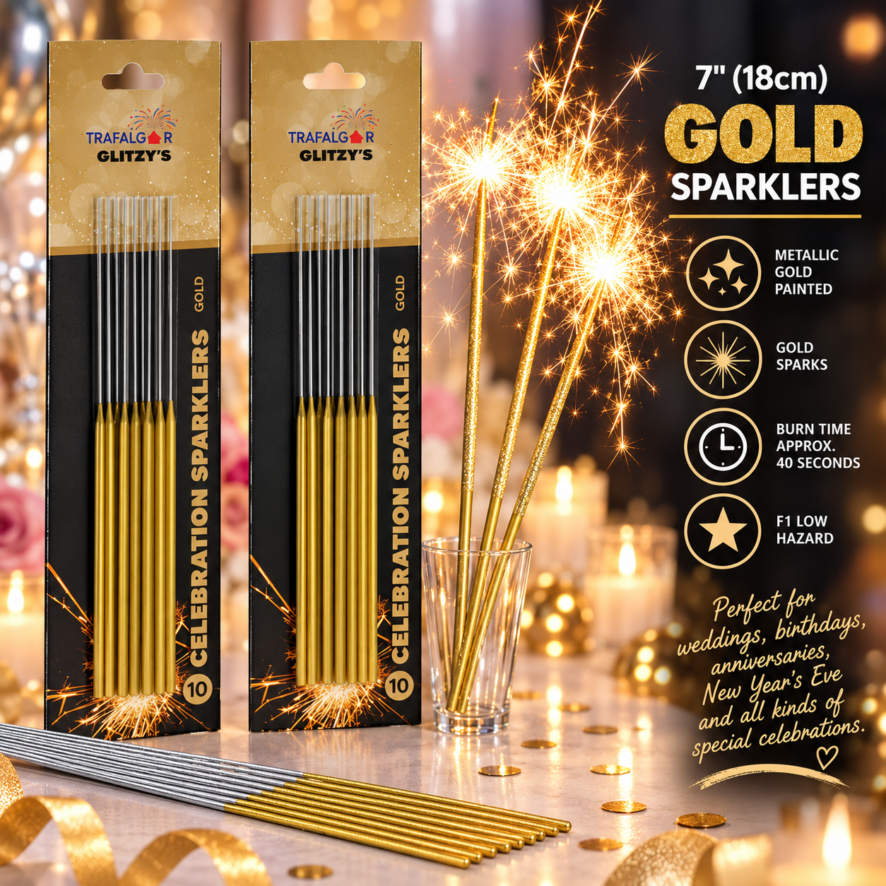 7" (18cm) Glitzy's Gold Colour Coated Sparklers