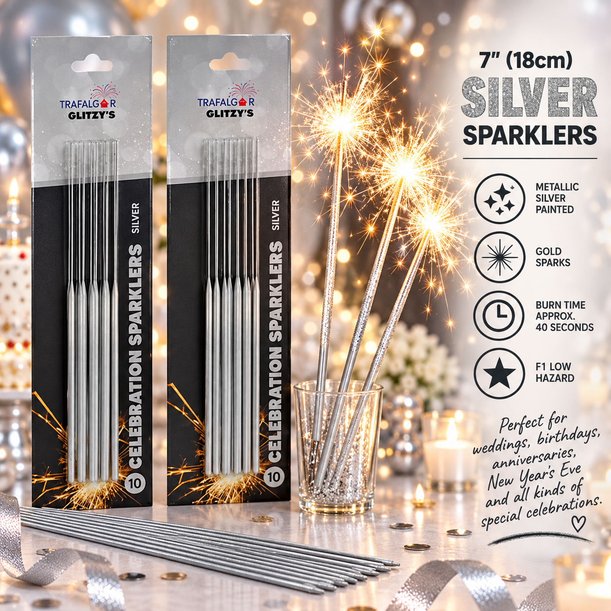 7" (18cm) Glitzy's Silver Colour Coated Sparklers